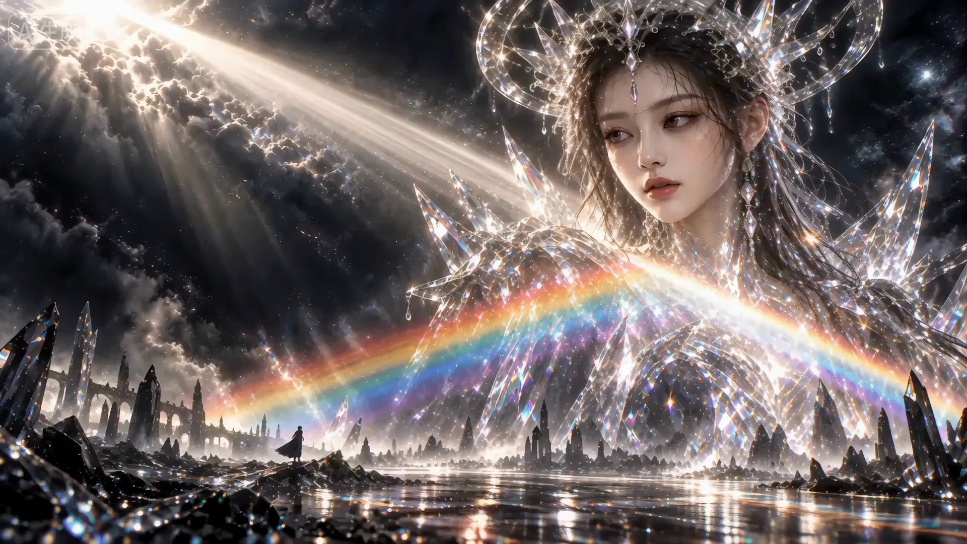 舒舒的晶光之境:天光穿过云层,虹桥连接晶体世界