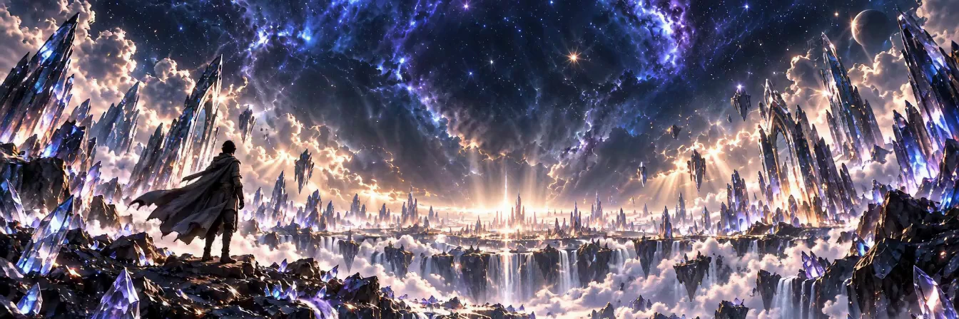 披风旅人站在星城前,星云与晶体天际缓缓展开